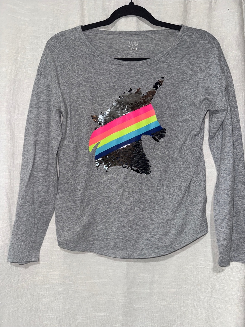Justice Gray Long Sleeve Tee with Rainbow Sequin Unicorn